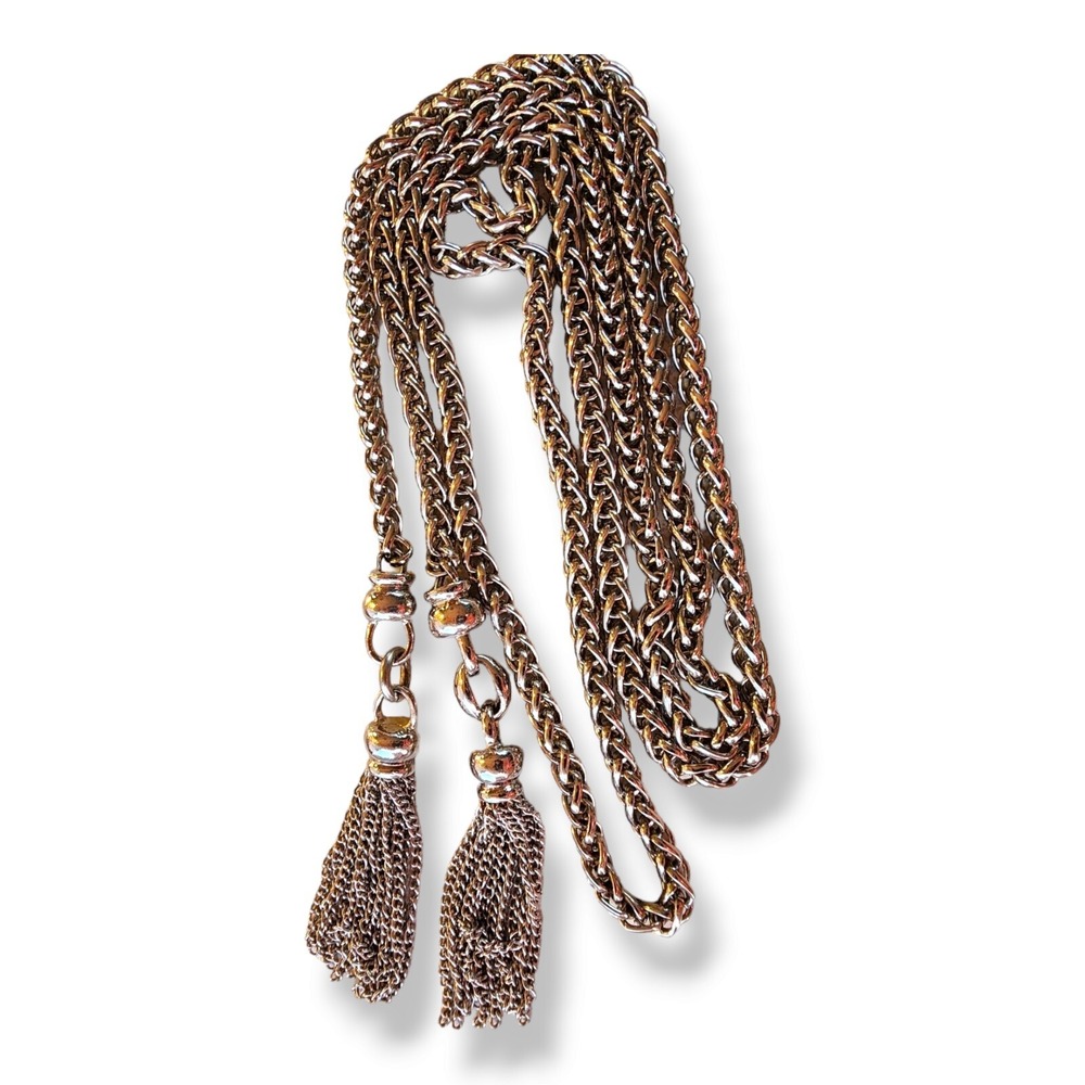 Vintage Lariat Necklace Silver Tone 50" Silver Mesh Tassel Magnetic Wrap